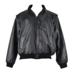 Hard Rock Cafe black leather jacket with a stand-up collar and buttoned front.