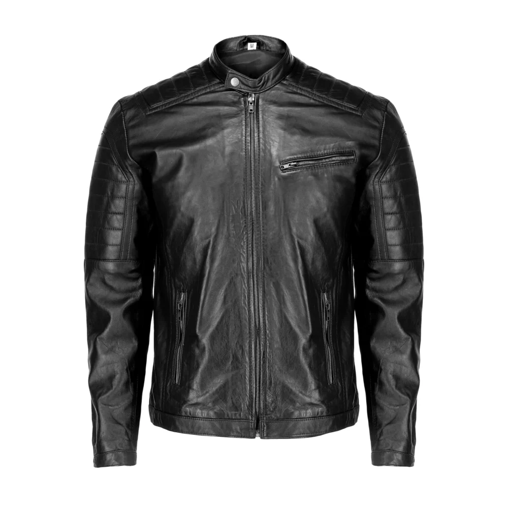 Front view of Cafe Racer black pure sheep leather jacket