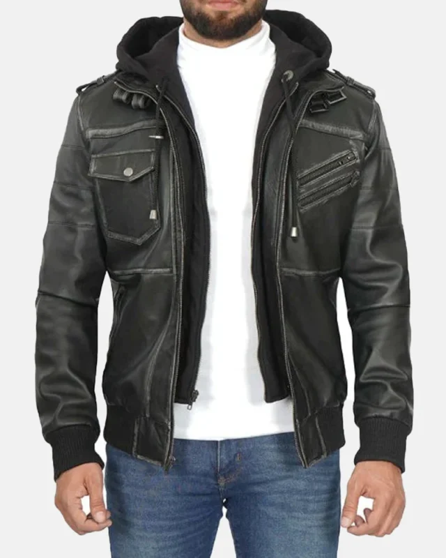 Model in Captain Grey Leather Jacket Removable Hood Front