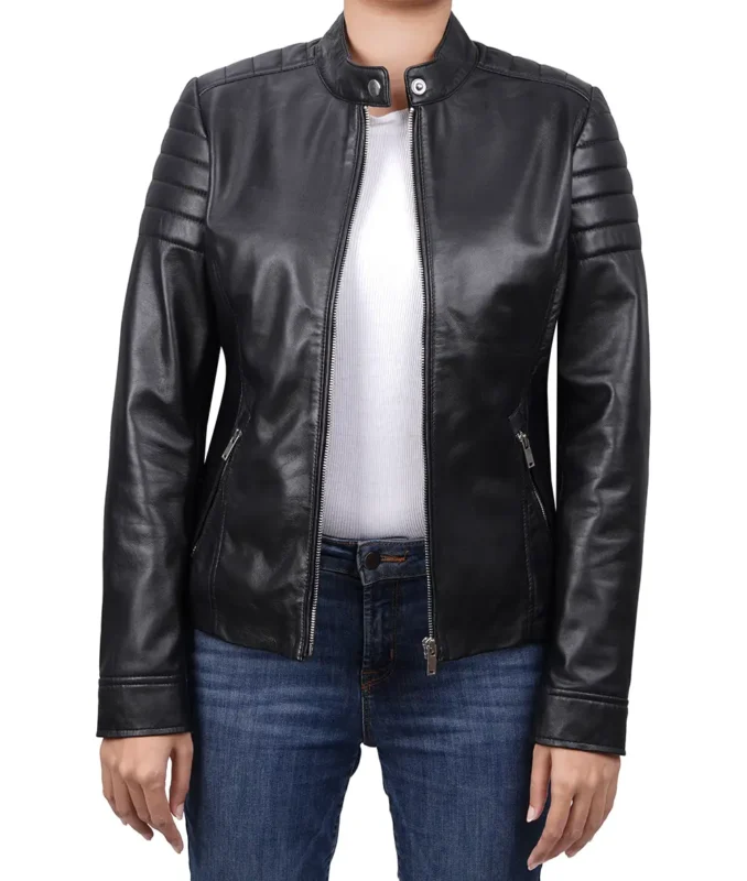 Model wearing Carrie black leather jacket for women front view
