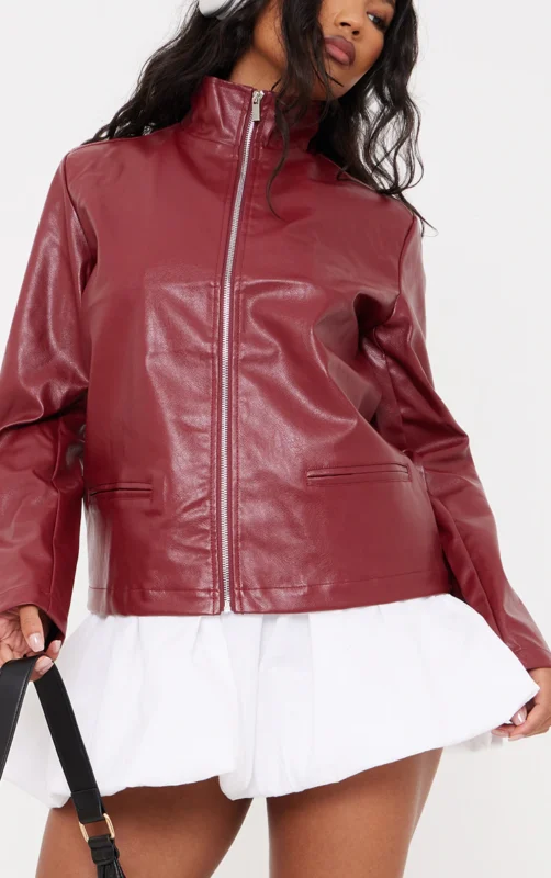 Cherry Red Faux Leather Longline Zip Up Jacket on a model, showcasing the front view.