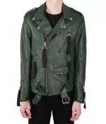 Model Wearing Classic Green Leather Jacket - Front