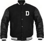 Black Cowhide Leather Varsity Jacket Front