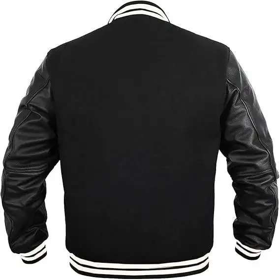 Black Cowhide Leather Varsity Jacket Back