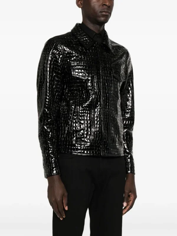 Model in Crocodile Leather Jacket Front