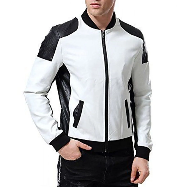 Model Wearing Mens Black and White Leather Biker Jacket Front