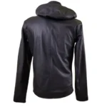 Back view of dapper zip up leather jacket with hoodie