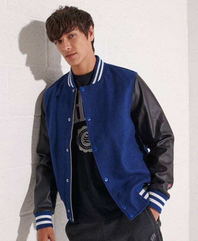Dark Blue and Black Varsity Jacket Front