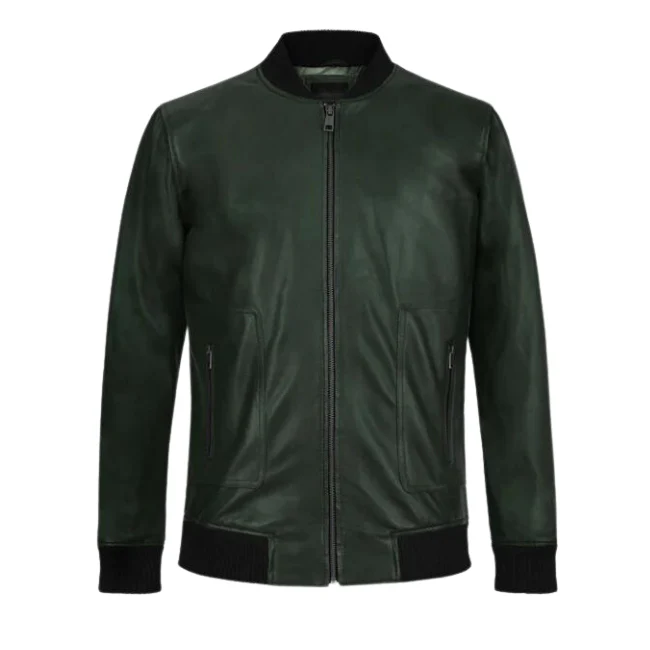 Dark Green Bomber Leather Jacket Front