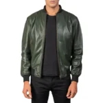 Model in Dark Green Bomber Leather Jacket Front