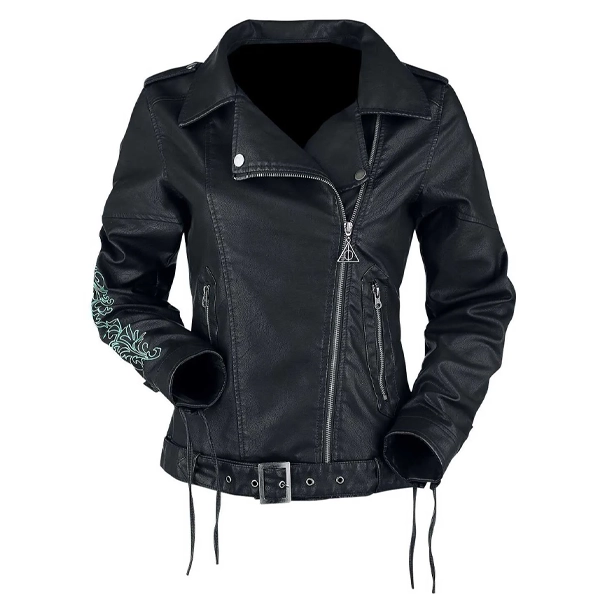 Death Eater Leather Biker Jacket with a black lapel collar and front zipper closure.