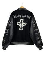 Back view of the Death Note wool/leather black varsity jacket, showcasing the ribbed back panel.