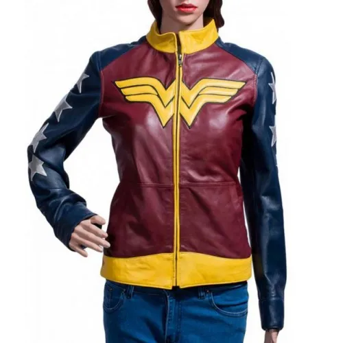 Diana of Themyscira Wonder Woman Leather Jacket with a yellow stand-up collar, blue and maroon panels, and silver star detailing.