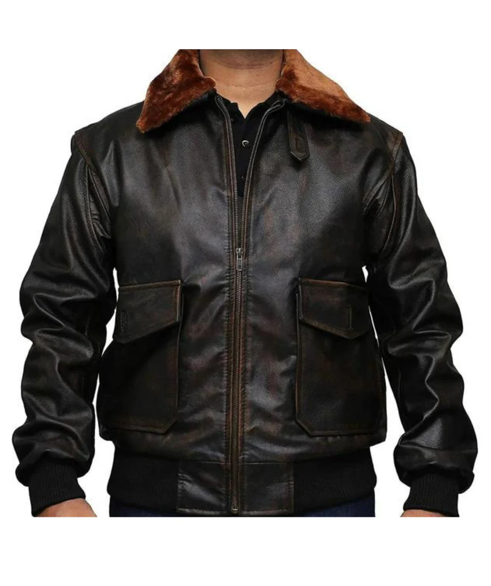 Distressed Aviator Leather Jacket Front