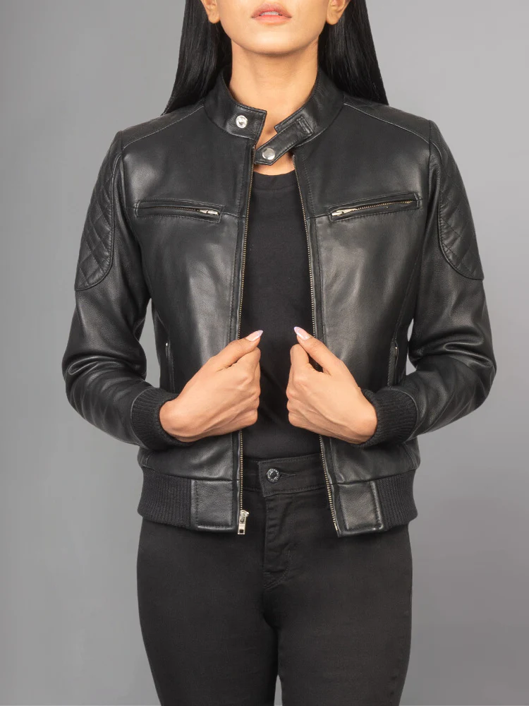 Model Wearing Dodge Womens Black Biker Leather Jacket - Front