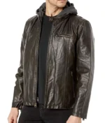 Edward Dark Brown Leather Jacket with Hood which is removable and snap-tab collar.