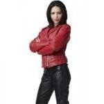 "Model wearing Elena Validus Ben 10 Alien Swarm jacket from the front, showing the fit and style."