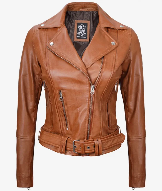 Front view of Elisa womens brown leather motorcycle jacket