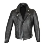 Elite Patrol Biker Classic Black Leather Jacket with front zipper closure, lapel collar, and zipper cuffs.