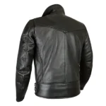 Back view of a black leather biker jacket with a zippered back pocket.