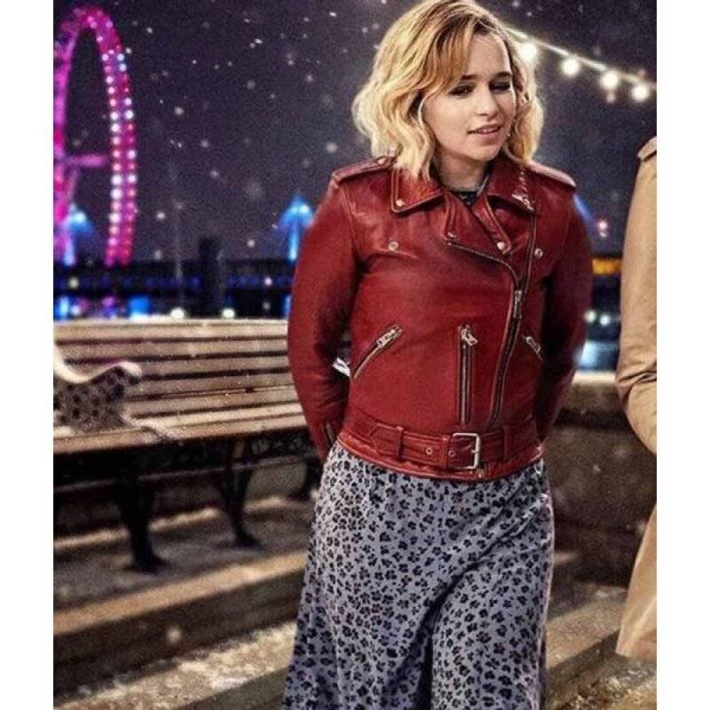 Model wearing Emilia Clarke Last Christmas Kate jacket from the front, showing the fit and style.
