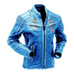 Mens Route 66 Blue Biker Jacket Front