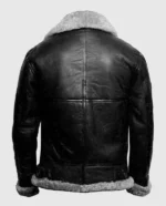 Black aviator jacket with back zipper pocket and open hem shear cuffs.