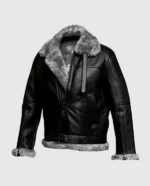 Black aviator jacket with side pockets and shearling lining visible.