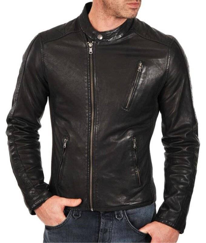 Freddie Asymmetrical Black Biker Jacket with a snap tab collar and YKK zipper closure.