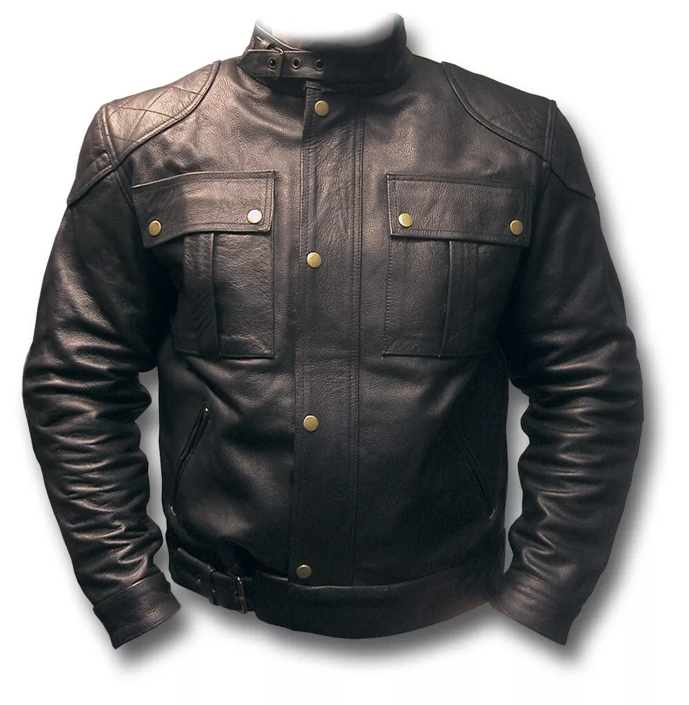 Gerard Butler black leather jacket with a high collar, belt closures, and zipper details.