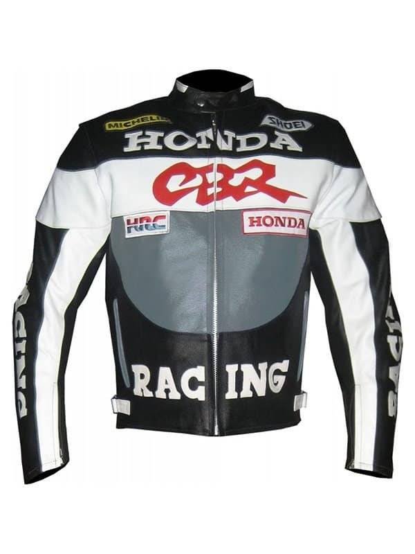 Men's Honda CBR racing moto racer leather jacket with a gray, black, and white color scheme and a snap tab collar.