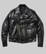 J-24 biker leather jacket with a classic lapel collar and YKK zipper closure.