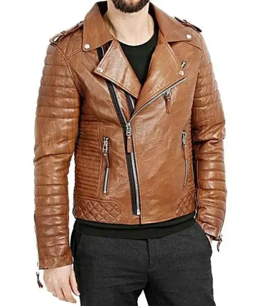 Model Wearing Jose Mens Brown Biker Jacket- Front