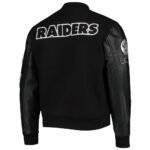 Back view of the Las Vegas Raiders logo black letterman jacket, showcasing the "Raiders" embroidery.