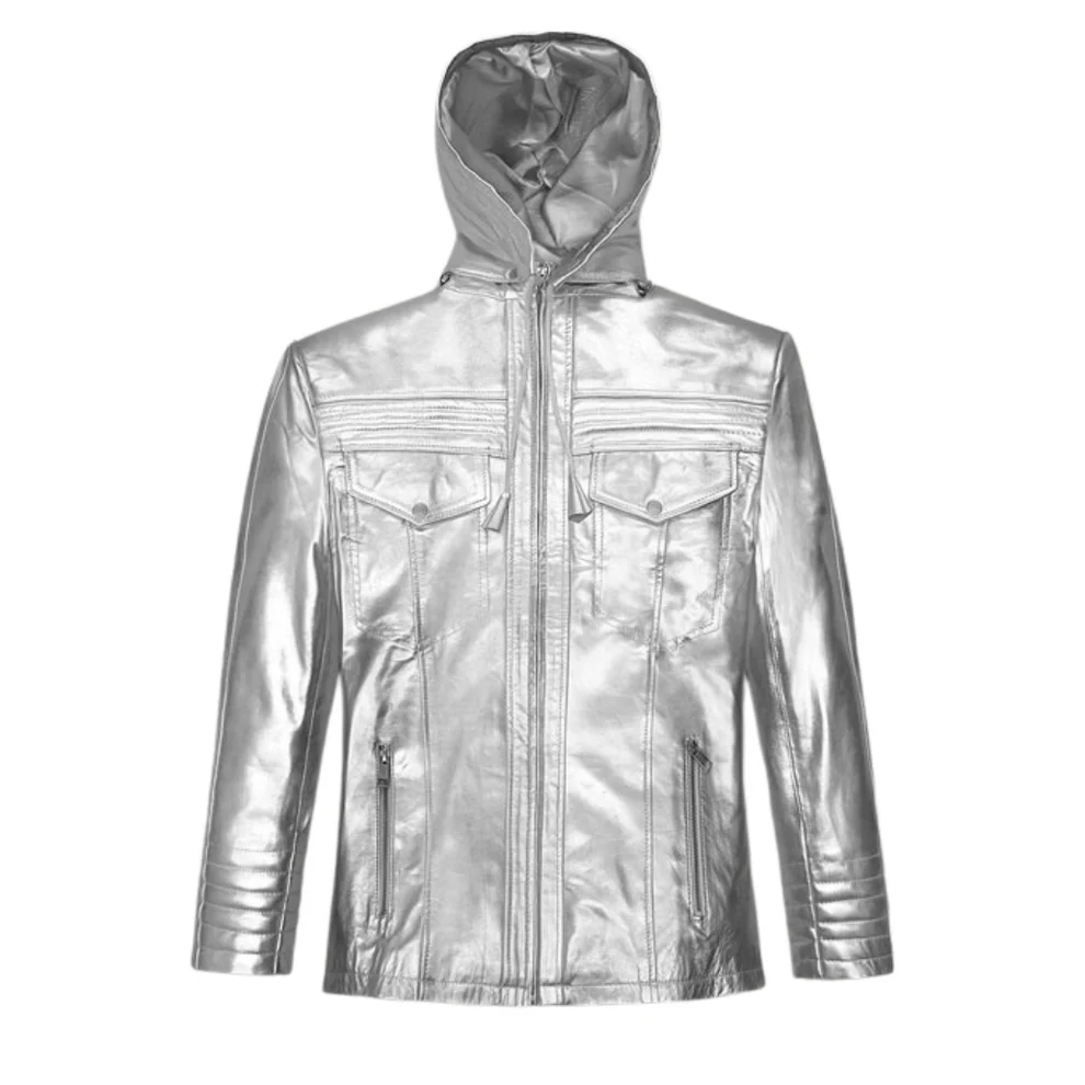 Leather Hooded Metallic Moto Jacket Front