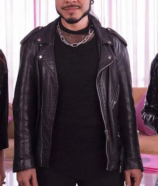 Los Espookys Renaldo biker jacket, featuring a black leather exterior and a classic lapel collar.