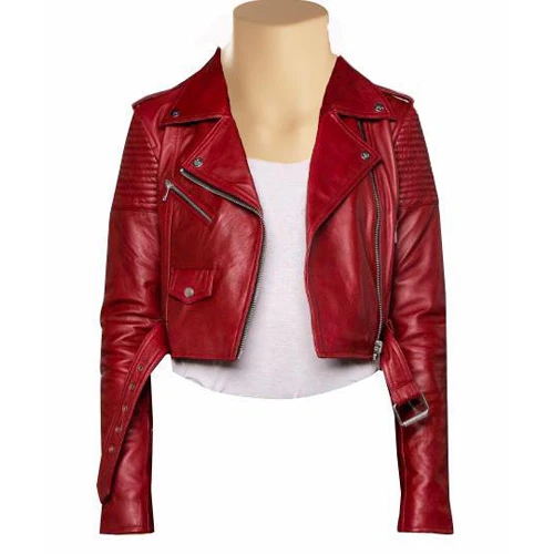 Front view of Martynas Red Crop Biker Leather Jacket