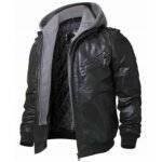 Men Biker Black Removable Hooded Leather Jacket Back