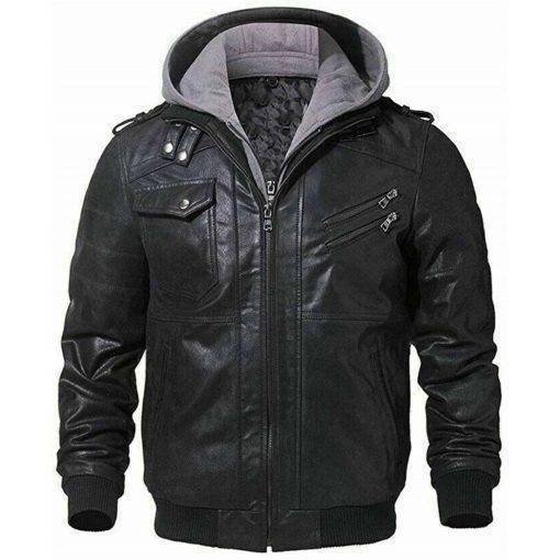 Men Biker Black Removable Hooded Leather Jacket Front