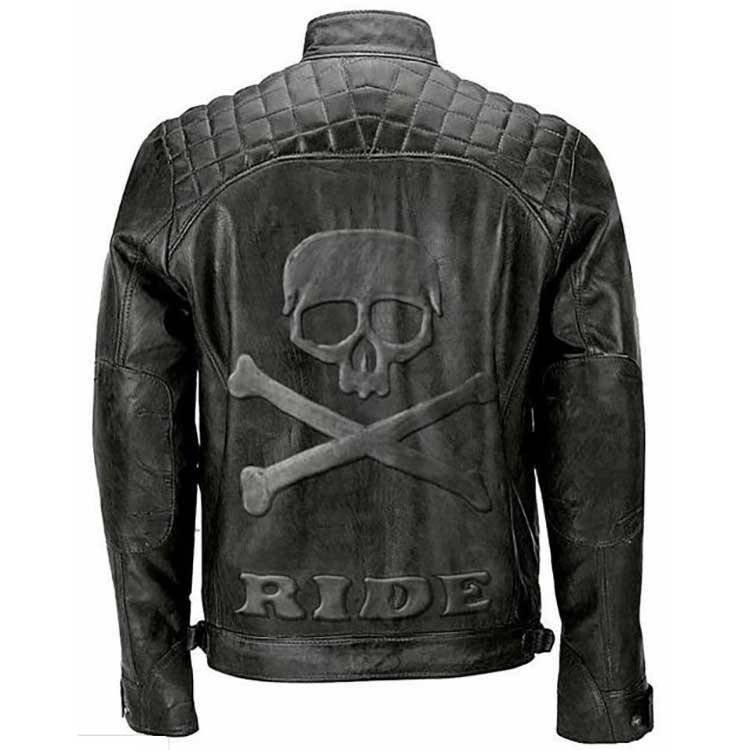 Men Black Biker Skull Ride Leather Jacket Back