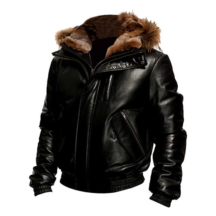 Men Black Bomber Hooded Leather Jacket Front