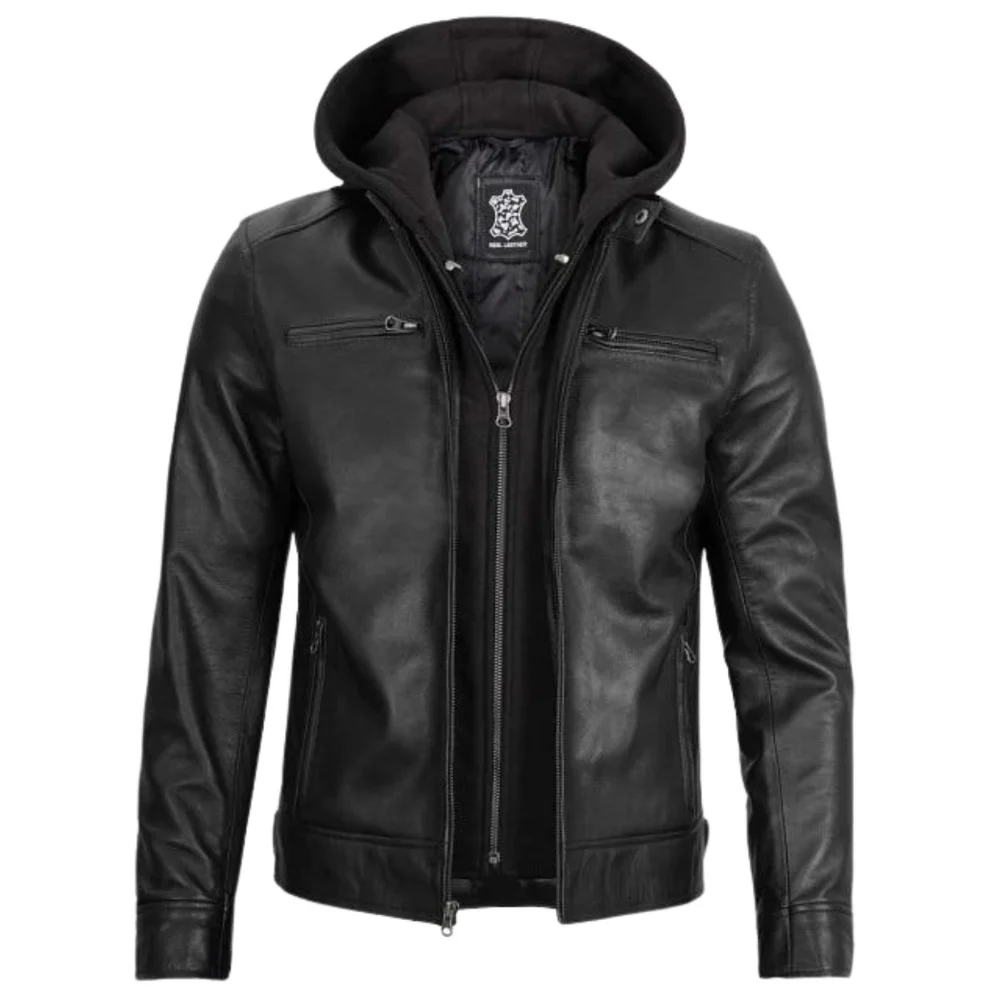 Men Black Motorcyle Leather Jacket Front