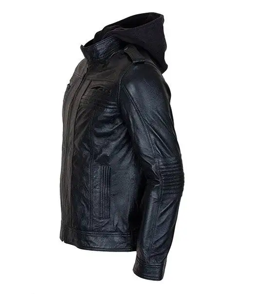 Left side view of the men's detachable hooded AJ Styles biker leather jacket, highlighting the zipper closure and stand-up collar.