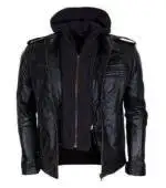 Men's detachable hooded AJ Styles biker leather jacket with the hood removed.