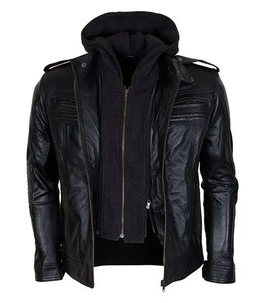 Men's detachable hooded AJ Styles biker leather jacket with the hood removed.