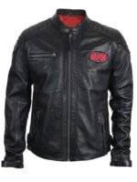 Men's ACDC Cafe Racer Jacket with a printed logo and snap-tab collar.