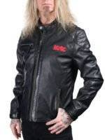 A model wearing the men's AC/DC cafe racer jacket, paired with jeans