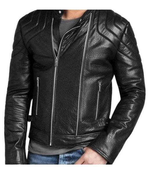 Model Wearing Mens Asymmetrical Padded Black Jacket - Front