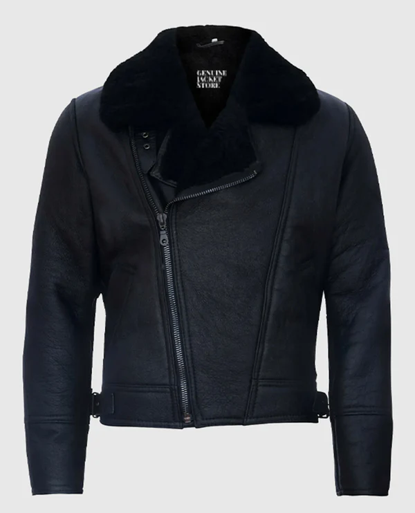 Men's aviator leather shearling jacket with adjustable side belts and a lapel collar.