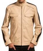 Men's beige cafe racer jacket with a snap-tab collar and YKK zipper closure.